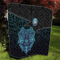 Viking Warrior and Raven Norse Mythology Quilt Neon Line Art with Rune Patterns