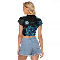 Viking Warrior and Raven Norse Mythology Raglan Cropped T Shirt Neon Line Art with Rune Patterns