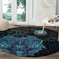 Viking Warrior and Raven Norse Mythology Round Carpet Neon Line Art with Rune Patterns