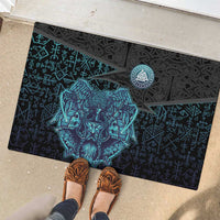 Viking Warrior and Raven Norse Mythology Rubber Doormat Neon Line Art with Rune Patterns