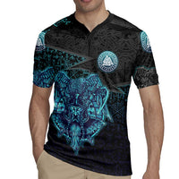 Viking Warrior and Raven Norse Mythology Rugby Jersey Neon Line Art with Rune Patterns
