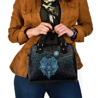 Viking Warrior and Raven Norse Mythology Shoulder Handbag Neon Line Art with Rune Patterns