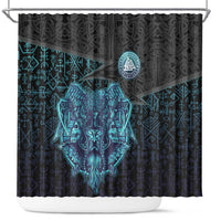 Viking Warrior and Raven Norse Mythology Shower Curtain Neon Line Art with Rune Patterns