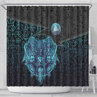 Viking Warrior and Raven Norse Mythology Shower Curtain Neon Line Art with Rune Patterns
