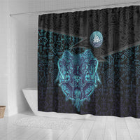 Viking Warrior and Raven Norse Mythology Shower Curtain Neon Line Art with Rune Patterns
