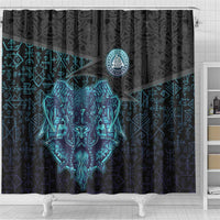 Viking Warrior and Raven Norse Mythology Shower Curtain Neon Line Art with Rune Patterns