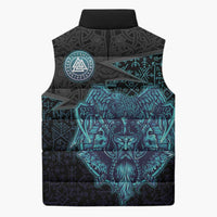 Viking Warrior and Raven Norse Mythology Sleeveless Puffer Jacket Neon Line Art with Rune Patterns