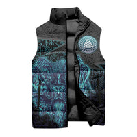 Viking Warrior and Raven Norse Mythology Sleeveless Puffer Jacket Neon Line Art with Rune Patterns