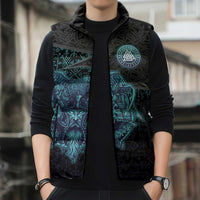 Viking Warrior and Raven Norse Mythology Sleeveless Puffer Jacket Neon Line Art with Rune Patterns