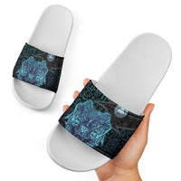 Viking Warrior and Raven Norse Mythology Slide Sandals Neon Line Art with Rune Patterns
