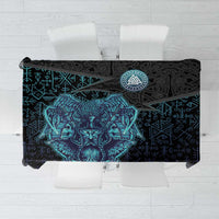Viking Warrior and Raven Norse Mythology Tablecloth Neon Line Art with Rune Patterns