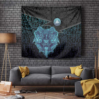 Viking Warrior and Raven Norse Mythology Tapestry Neon Line Art with Rune Patterns