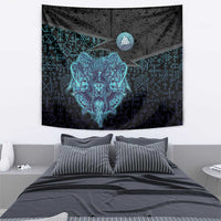 Viking Warrior and Raven Norse Mythology Tapestry Neon Line Art with Rune Patterns