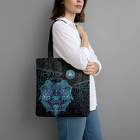 Viking Warrior and Raven Norse Mythology Tote Bag Neon Line Art with Rune Patterns