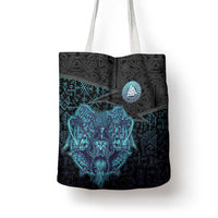 Viking Warrior and Raven Norse Mythology Tote Bag Neon Line Art with Rune Patterns