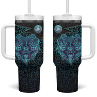 Viking Warrior and Raven Norse Mythology Tumbler With Handle Neon Line Art with Rune Patterns