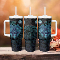Viking Warrior and Raven Norse Mythology Tumbler With Handle Neon Line Art with Rune Patterns