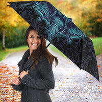 Viking Warrior and Raven Norse Mythology Umbrella Neon Line Art with Rune Patterns