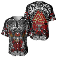 Viking Berserker and Valknut Norse Mythology Baseball Jersey Red and Black Celtic Knotwork Art
