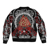 Viking Berserker and Valknut Norse Mythology Bomber Jacket Red and Black Celtic Knotwork Art