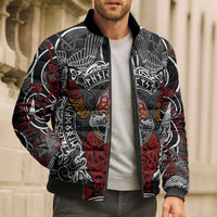 Viking Berserker and Valknut Norse Mythology Bomber Puffer Jacket Red and Black Celtic Knotwork Art