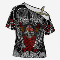 Viking Berserker and Valknut Norse Mythology Cross Shoulder Shirt Red and Black Celtic Knotwork Art