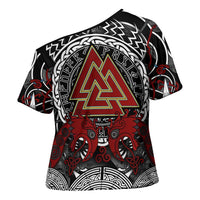 Viking Berserker and Valknut Norse Mythology Cross Shoulder Shirt Red and Black Celtic Knotwork Art
