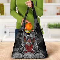 Viking Berserker and Valknut Norse Mythology Grocery Bag Red and Black Celtic Knotwork Art