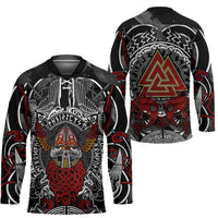 Viking Berserker and Valknut Norse Mythology Hockey Jersey Red and Black Celtic Knotwork Art