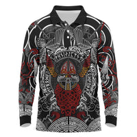 Viking Berserker and Valknut Norse Mythology Long Sleeve Polo Shirt Red and Black Celtic Knotwork Art