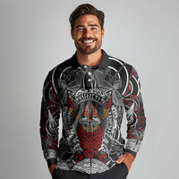 Viking Berserker and Valknut Norse Mythology Long Sleeve Polo Shirt Red and Black Celtic Knotwork Art