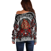 Viking Berserker and Valknut Norse Mythology Off Shoulder Sweater Red and Black Celtic Knotwork Art