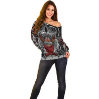 Viking Berserker and Valknut Norse Mythology Off Shoulder Sweater Red and Black Celtic Knotwork Art