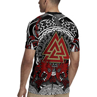 Viking Berserker and Valknut Norse Mythology Rugby Jersey Red and Black Celtic Knotwork Art