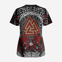 Viking Berserker and Valknut Norse Mythology Scrub Top Red and Black Celtic Knotwork Art