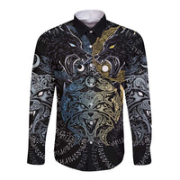 Skoll and Hati Norse Mythology Long Sleeve Button Shirt Viking Dual Moon Celtic Line Art