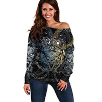 Skoll and Hati Norse Mythology Off Shoulder Sweater Viking Dual Moon Celtic Line Art