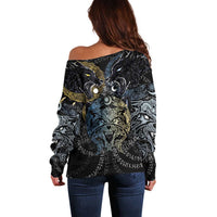 Skoll and Hati Norse Mythology Off Shoulder Sweater Viking Dual Moon Celtic Line Art