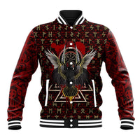 Raven and Bear Norse Symbolism Baseball Jacket Viking Blood Red Rune Art Style