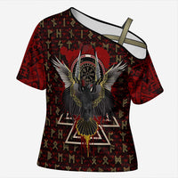 Raven and Bear Norse Symbolism Cross Shoulder Shirt Viking Blood Red Rune Art Style