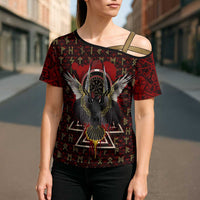Raven and Bear Norse Symbolism Cross Shoulder Shirt Viking Blood Red Rune Art Style