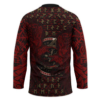Raven and Bear Norse Symbolism Hockey Jersey Viking Blood Red Rune Art Style