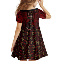 Raven and Bear Norse Symbolism Kid Short Sleeve Dress Viking Blood Red Rune Art Style