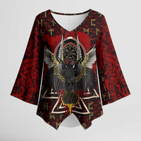 Raven and Bear Norse Symbolism Kimono Sleeve Blouse Viking Blood Red Rune Art Style