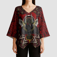Raven and Bear Norse Symbolism Kimono Sleeve Blouse Viking Blood Red Rune Art Style