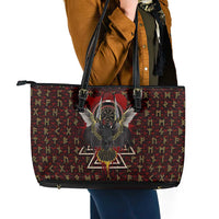 Raven and Bear Norse Symbolism Leather Tote Bag Viking Blood Red Rune Art Style
