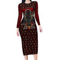 Raven and Bear Norse Symbolism Long Sleeve Bodycon Dress Viking Blood Red Rune Art Style