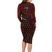 Raven and Bear Norse Symbolism Long Sleeve Bodycon Dress Viking Blood Red Rune Art Style