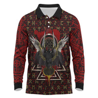 Raven and Bear Norse Symbolism Long Sleeve Polo Shirt Viking Blood Red Rune Art Style