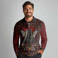 Raven and Bear Norse Symbolism Long Sleeve Polo Shirt Viking Blood Red Rune Art Style